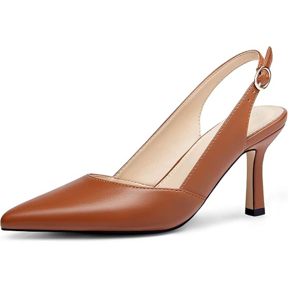 Womens Brown P Closed Toe Faux Leather Slingback Kitten Heel Wedding Pumps Shoes